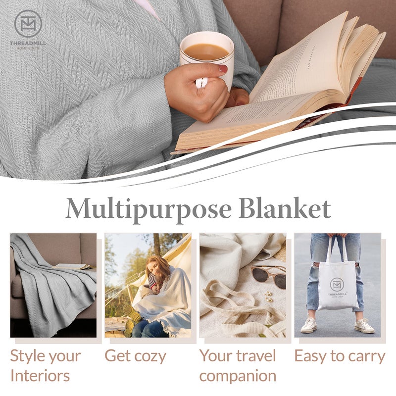 Threadmill Luxury Cotton Blankets for Twin Size Bed | All-Season 100% Cotton Twin Blanket for Bed | Herringbone Soft & Cozy Fall Thermal Blanket, 350GSM, 68x90 inches | Light Grey - Image 2